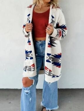 BLAKELEY Women's Reversible Aztec Southwestern Open Cardigan Blanket Sweater OS